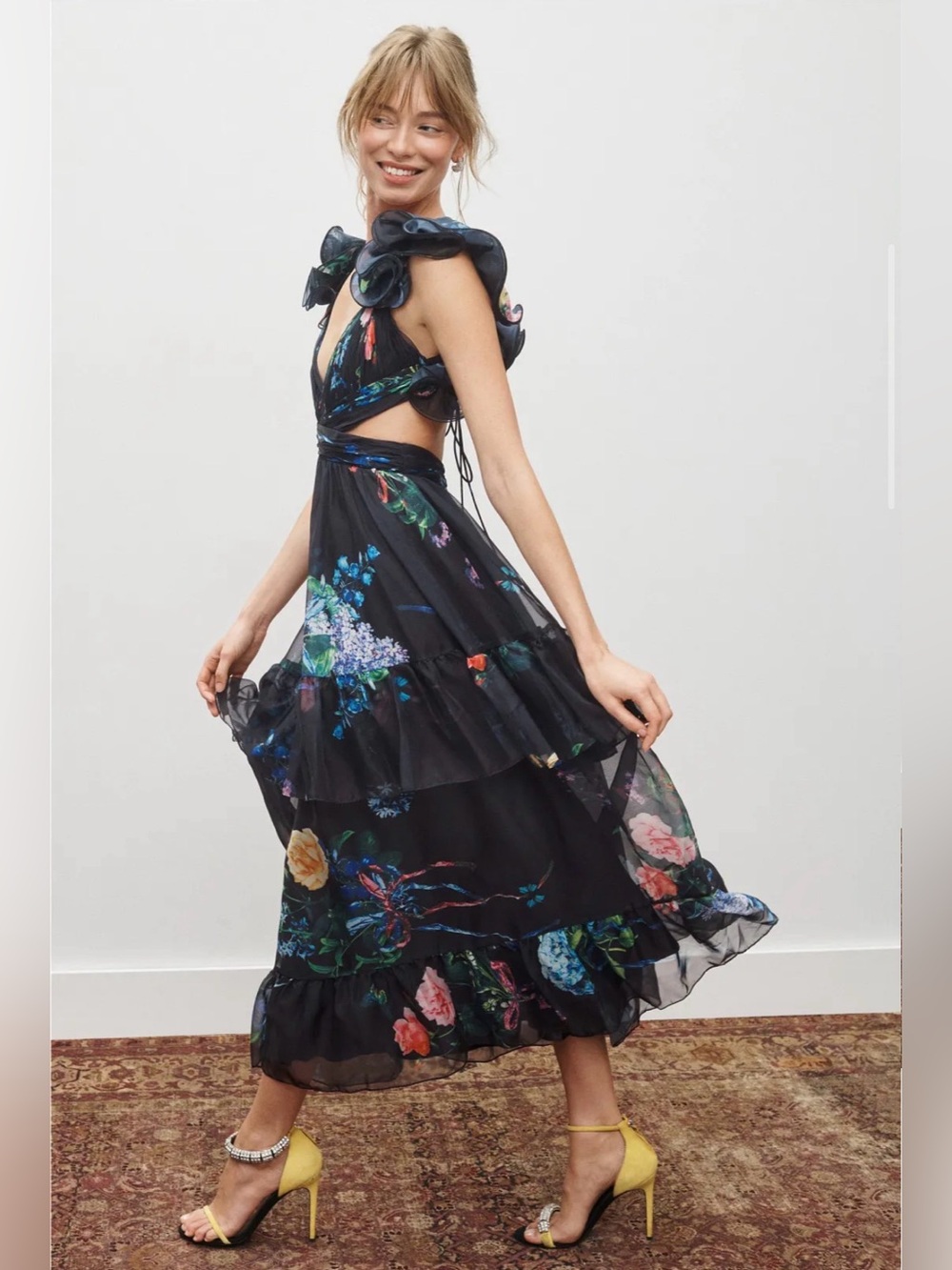 Mac Duggal Black Ruffle Tiered Floral Cut-Out Chiffon Dress Sz 6. - Picture 4 of 15